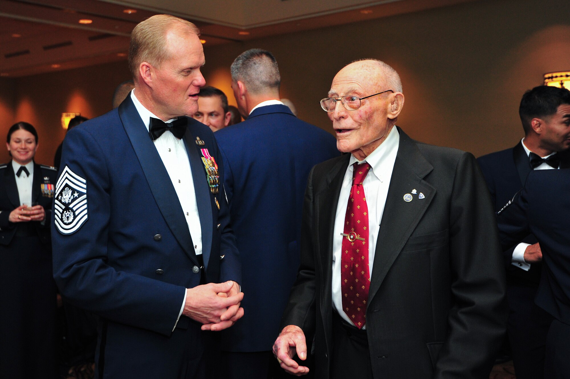 Chief Master Sgt. of the Air Force James A. Cody spends time with special guest Marion Hall during the 310th Space Wing's annual awards banquet March 6, 2015, at the Cheyenne Mountain Resort in Colorado Springs, Colo. Cody was the guest speaker at the banquet. Hall is a legacy and founding member of the 380th Bomb Group that is deeply rooted in the history of the 310th Space Wing.
(U.S. Air Force photo/Tech. Sgt. Nicholas B. Ontiveros)