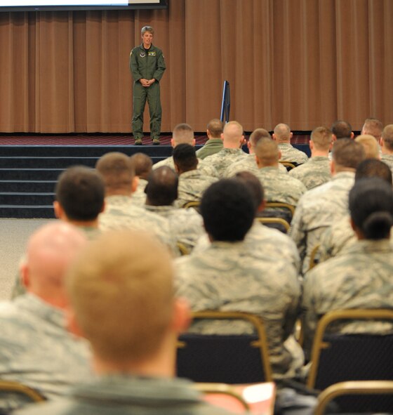 Col. Kristin Goodwin, 2nd Bomb Wing commander, speaks to 2nd BW Airmen before they depart for Andersen Air Force Base, Guam, on Barksdale Air Force Base, La., March 6, 2015. Airmen from the 20th Bomb Squadron and supportive units are replacing the 96th Bomb Squadron in support of the continuous bomber presence in the Pacific region. (U.S. Air Force photo/Senior Airman Kristin High)