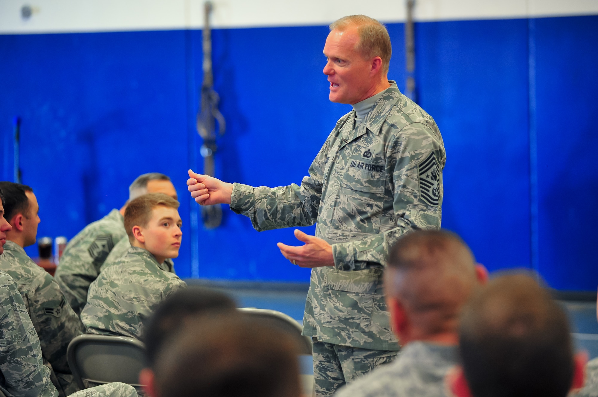 Chief Master Sgt. of the Air Force James A. Cody speaks with Airmen during an all-call March 6, 2015, at Schriever Air Force Base, Colo. Cody also answered their questions and recognized their contributions to the U.S. Air Force during his two-day visit.
(U.S. Air Force photo/Tech. Sgt. Nicholas B. Ontiveros)