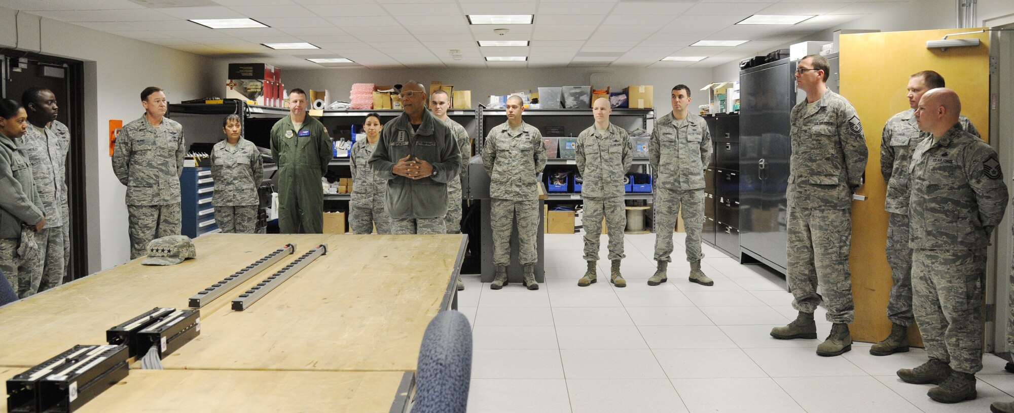 Air Force Vice Chief of Staff Gen. Larry Spencer thanks members of the 844th Communications Group, Secretary of Defense Executive Travel Communications Team, and 89th Airlift Support Group for the work they do every day at Joint Base Andrews, Md., March 6, 2015. As Vice Chief, Spencer assists the Chief of Staff with organizing, training, and equipping 690,000 active-duty, Guard, Reserve and civilian forces serving in the United States and overseas. (U.S. Air Force photo/Master Sgt. Tammie Moore)