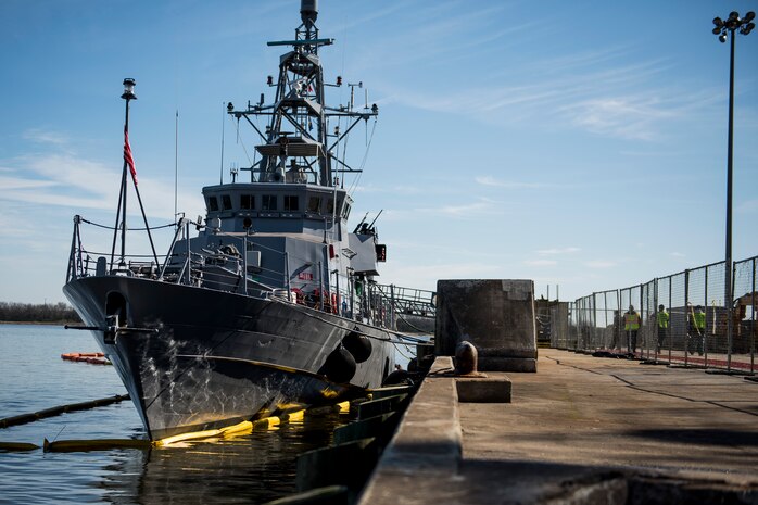 The USS Shamal, a coastal patrol ship, is ported near the Waterfront Park March 7, 2015, at North Charleston, S.C., during the 100th anniversary of the founding of the Naval Reserve. The ship, whose homeport is Naval Station Mayport in Jacksonville, Fla., was opened for tours and was part of the celebration sponsored by the City of North Charleston, the Navy Operational Support Center Charleston and the Navy League of Charleston. (U.S. Air Force photo/Senior Airman Jared Trimarchi) 