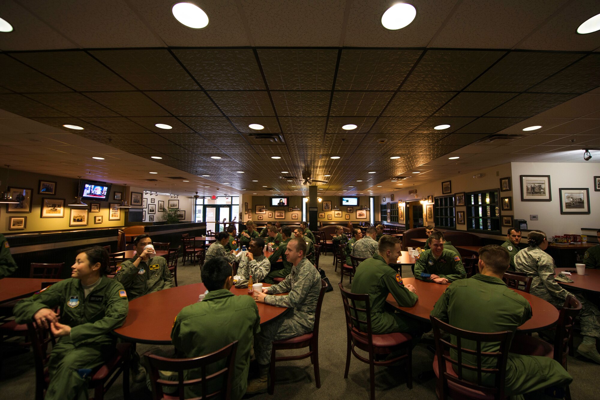 Cadets from the U.S. Air Force Academy, Colo., attended a breakfast formation before an all-call March 5, 2015, at Moody Air Force Base Ga. Cadets toured five squadrons and the Grand Bay Bombing and Gunnery Range during their visit. (U.S. Air Force photo by Airman 1st Class Dillian Bamman/Released)