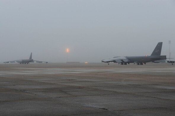 A B-52H Stratofortress taxis out to the runway on Barksdale Air Force Base, La., March 3, 2015. The B-52's long range and versatility give it the capability to provide deterrence, demonstrating U.S. resolve and combat operations around the world. (U.S. Air Force photo/ Senior Airman Jannelle Dickey)