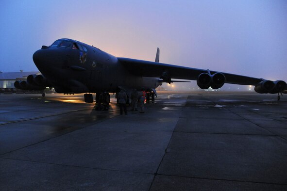 A B-52H Stratofortress undergoes take-off preparations on Barksdale Air Force Base, La., March 3, 2015. Once the engines start, both the aircrew and crew chiefs ensure they are functioning properly. The crew chiefs focus on the exterior of the aircraft while the aircrew focuses on the interior. (U.S. Air Force photo/ Senior Airman Jannelle Dickey)
