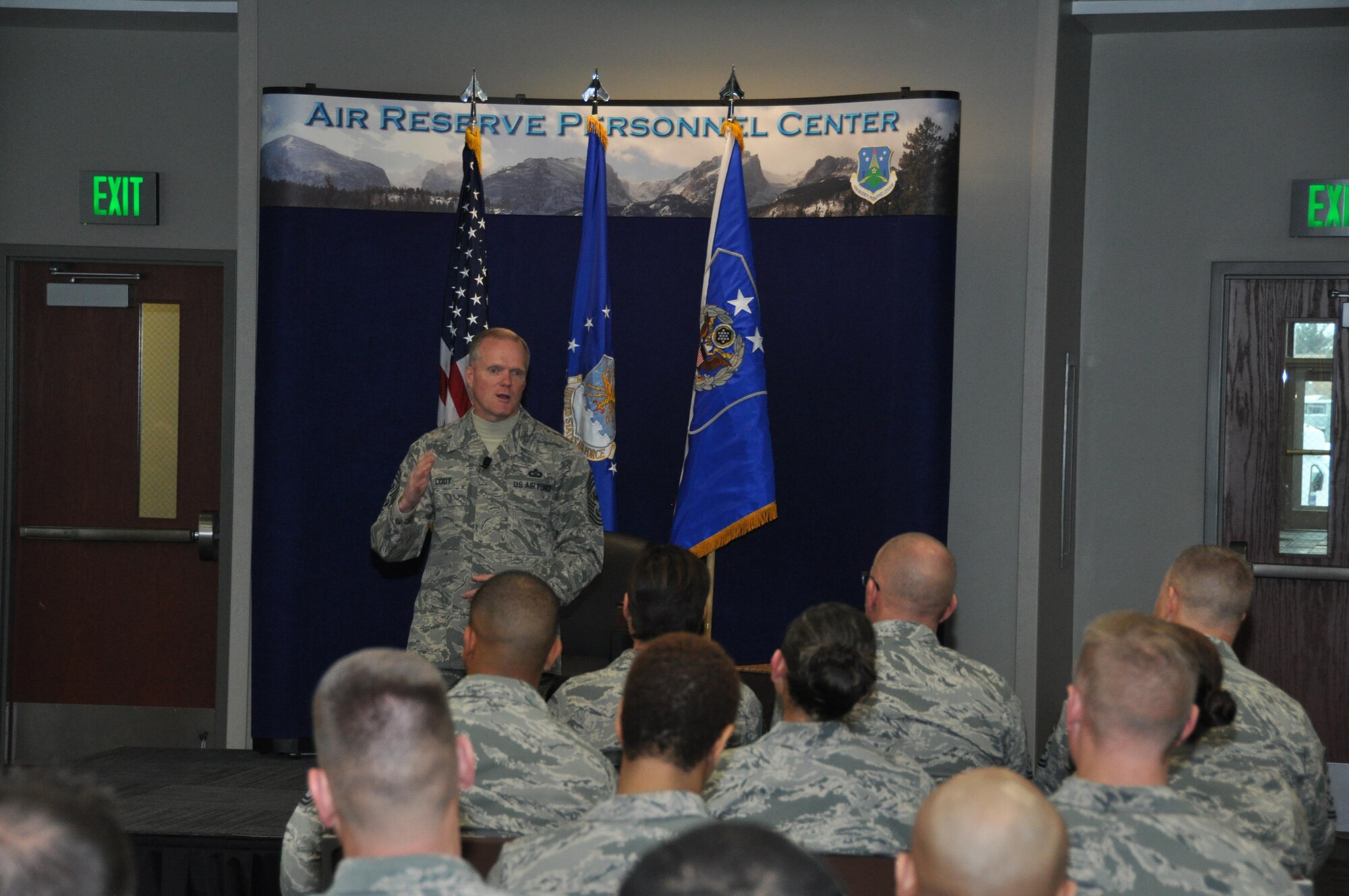Chief Master Sgt. of the Air Force James A. Cody speaks during his visit to the Air Reserve Personnel Center March 5, 2015, on Buckley Air Force Base, Colo. Cody’s visit focused on the future of the Air Force as he met with Airmen and discussed his role and priorities. (U.S. Air Force photo/Tech. Sgt. Rob Hazelett)