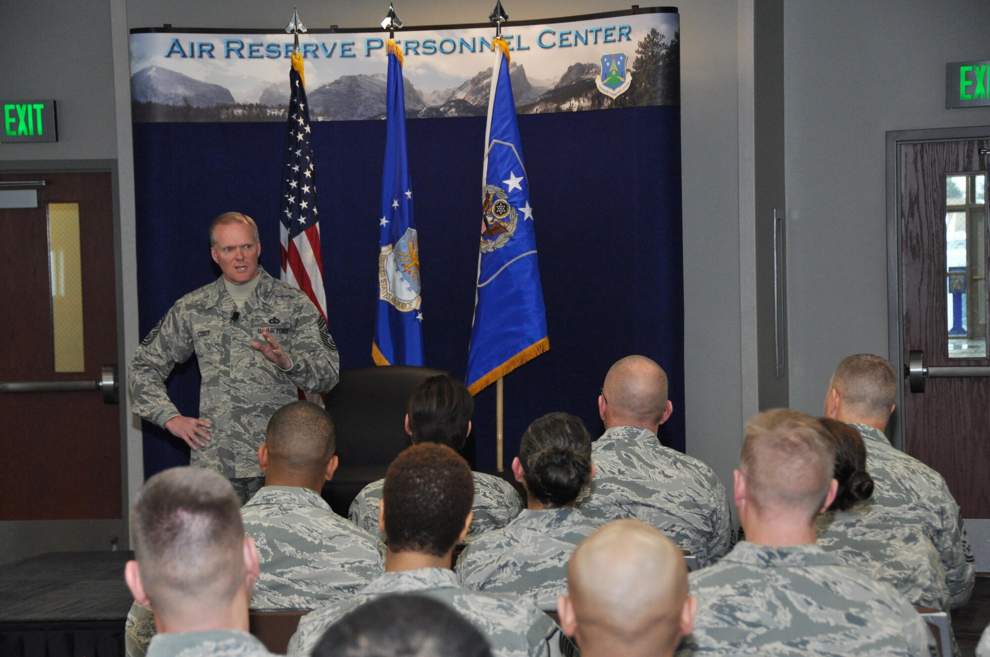 Chief Master Sgt. of the Air Force James A. Cody speaks during a senior enlisted call at the Air Reserve Personnel Center March 5, 2015, on Buckley Air Force Base, Colo. Cody’s visit focused on the future of the Air Force as he met with Airmen and discussed his role and priorities. (U.S. Air Force photo/Tech. Sgt. Rob Hazelett)