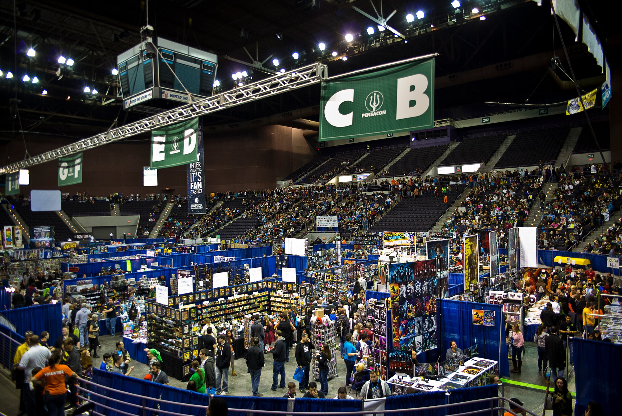 People wait in seat areas for access to the vendor floor during the peak hours of this year’s large-scale comic book convention, Pensacon, Feb. 28.  More than 20,000 people, including military from all five of the region’s bases, attended the convention at the Pensacola Bay Center Feb. 27 – March 1.  (U.S. Air Force photo/Samuel King Jr.)