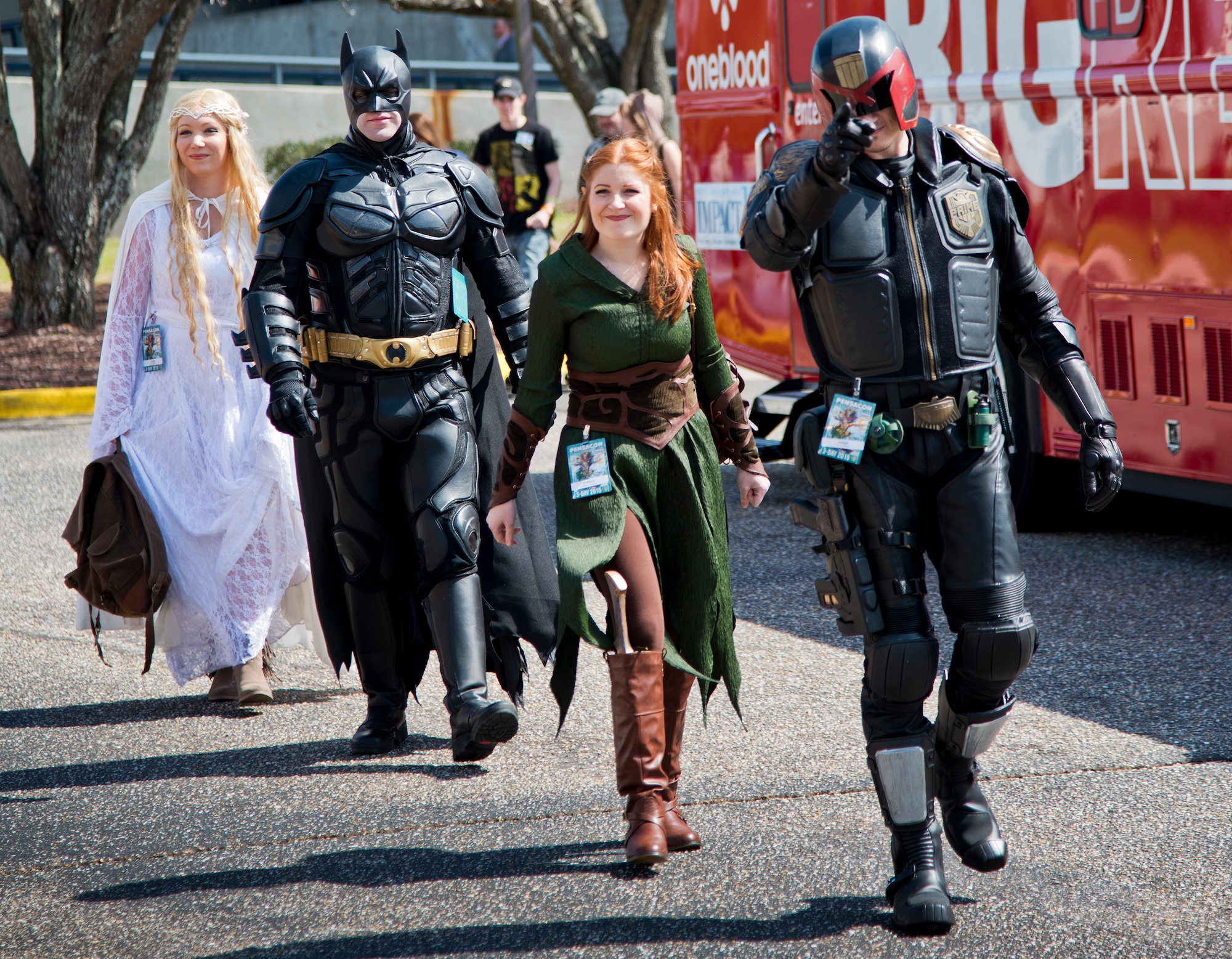 Judge Dredd, Tauriel, Batman and Galadriel were just a few of costumed attendees at this year’s large-scale comic book convention, Pensacon, Feb. 27.  More than 20,000 people, including military from all five of the region’s bases, attended the convention at the Pensacola Bay Center Feb. 27 – March 1.  (U.S. Air Force photo/Samuel King Jr.)