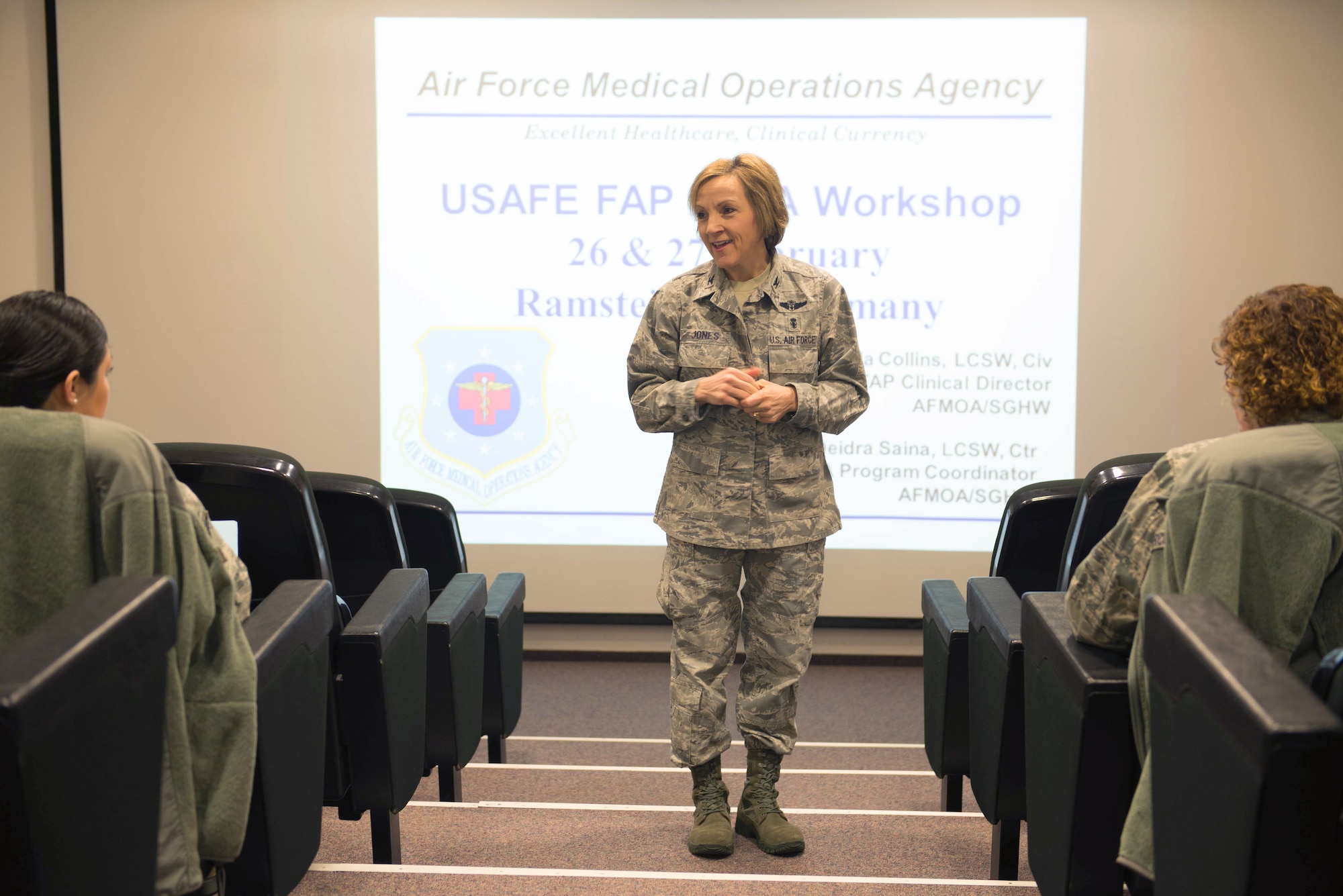 RAMSTEIN AIR BASE, Germany -- Col. Barbara Jones, U.S. Air Forces in Europe and Air Forces Africa deputy command surgeon, delivers opening remarks during a Domestic Abuse Victim Advocacy Conference at Ramstein Air Base, Germany, Feb. 26, 2015. About 30 Family Advocacy Officers from across USAFE-AFAFRICA attended the conference to refresh their skills for providing advocacy to victims of domestic abuse. In addition to the base services, American Overseas can contact the domestic violence crisis center toll-free 866-USWOMEN or through live chat at www.866uswomen.org. (U.S. Air Force photo/Tech. Sgt. Benjamin Wilson)