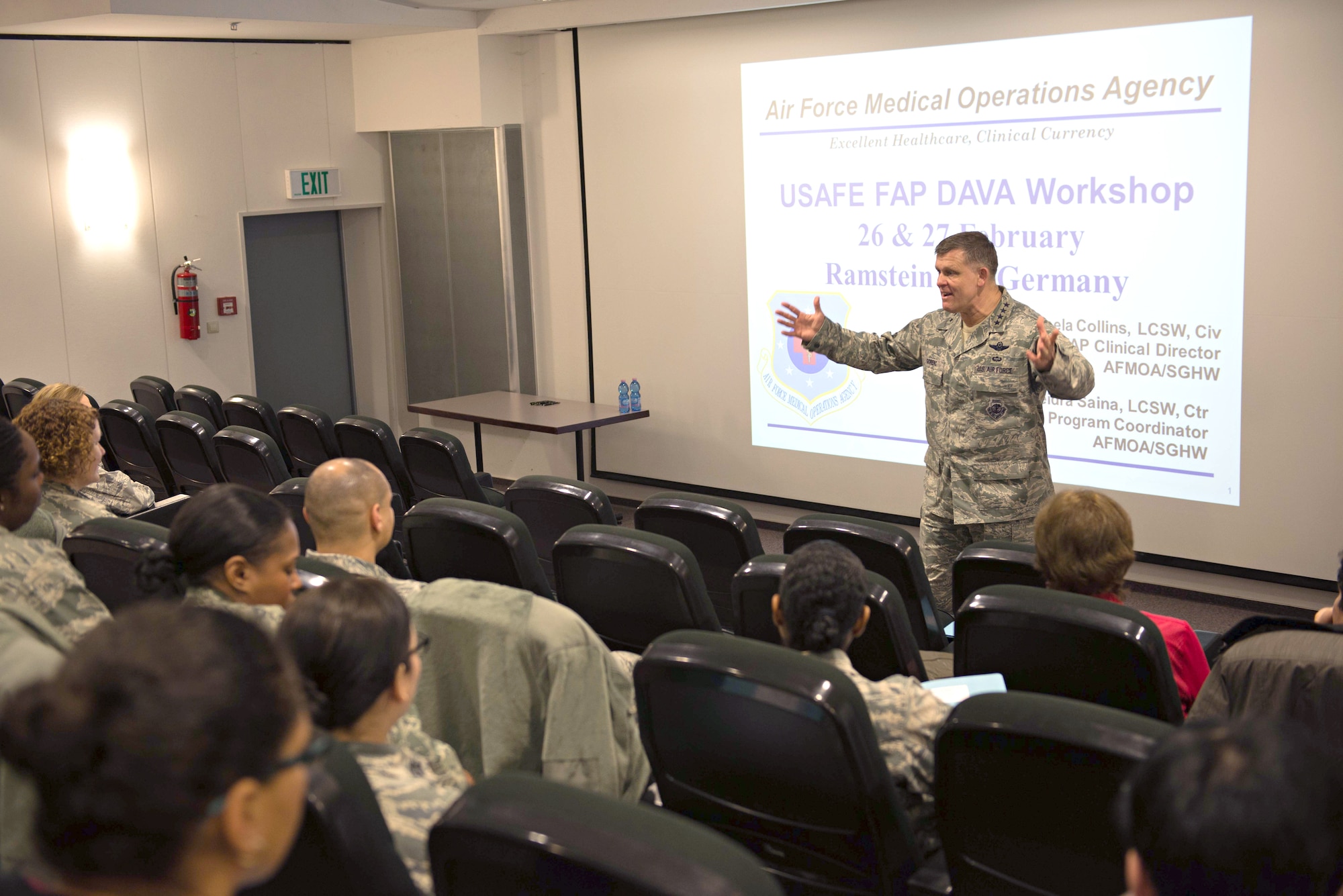 RAMSTEIN AIR BASE, Germany – Gen. Frank Gorenc, U.S. Air Forces in Europe and Air Forces Africa commander, delivers opening remarks during a Domestic Abuse Victim Advocacy Conference at Ramstein Air Base, Germany, Feb. 26, 2015. About 30 Family Advocacy Officers from across USAFE-AFAFRICA attended the conference to refresh their skills for providing advocacy to victims of domestic abuse. In addition to the base services, American Overseas can contact the domestic violence crisis center toll-free 866-USWOMEN or through live chat at www.866uswomen.org. (U.S. Air Force photo/Tech. Sgt. Benjamin Wilson)