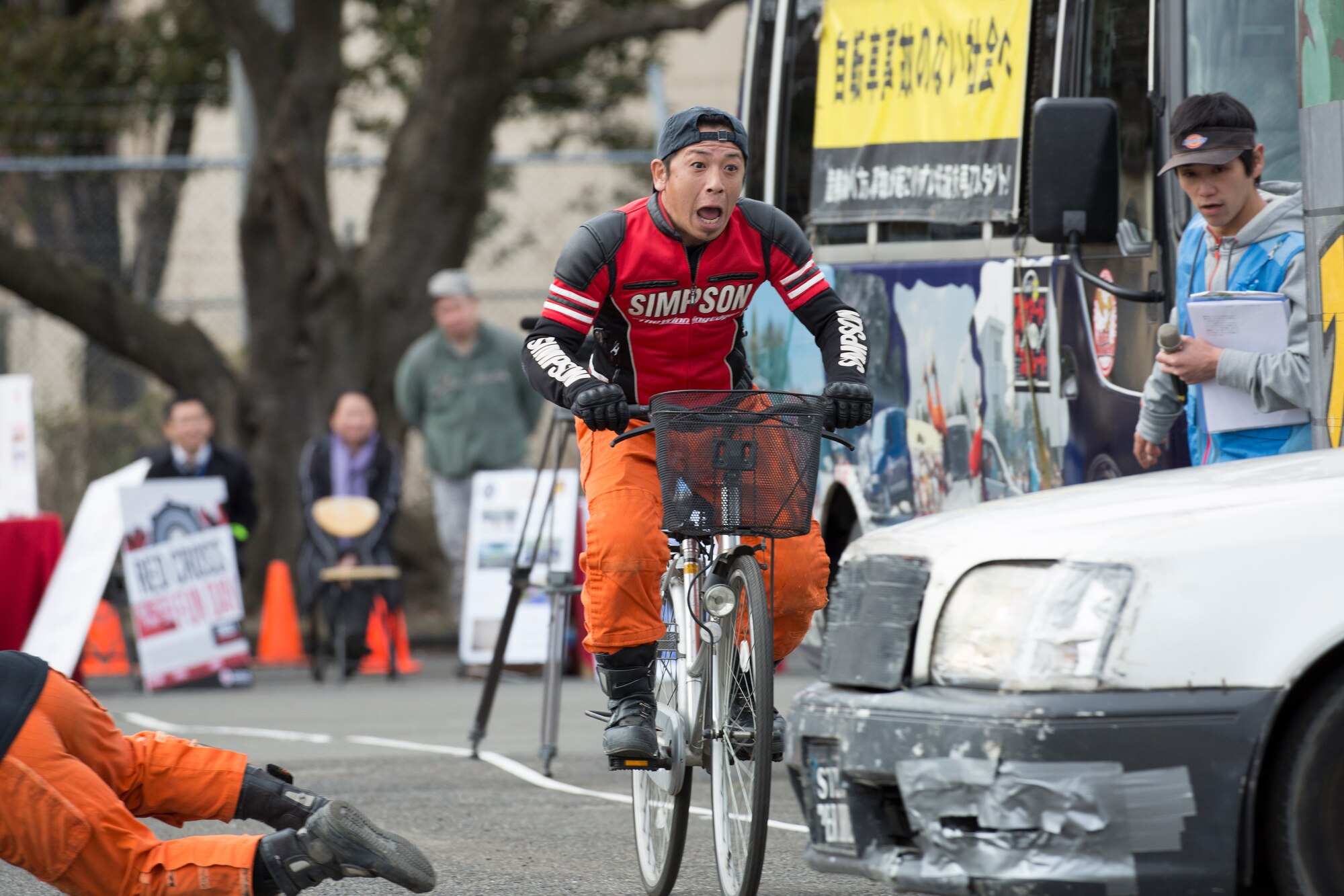 Members from the stunt project team “Super Drivers” perform a traffic safety demonstration during the safety festival at Yokota Air Base, Japan, March 6, 2015. The Fussa police station sponsored a traffic safety demonstration for Yokota residents during the festival. The event demonstrated hairy moments in car accidents. (U.S. Air Force photo by Osakabe Yasuo/Released)