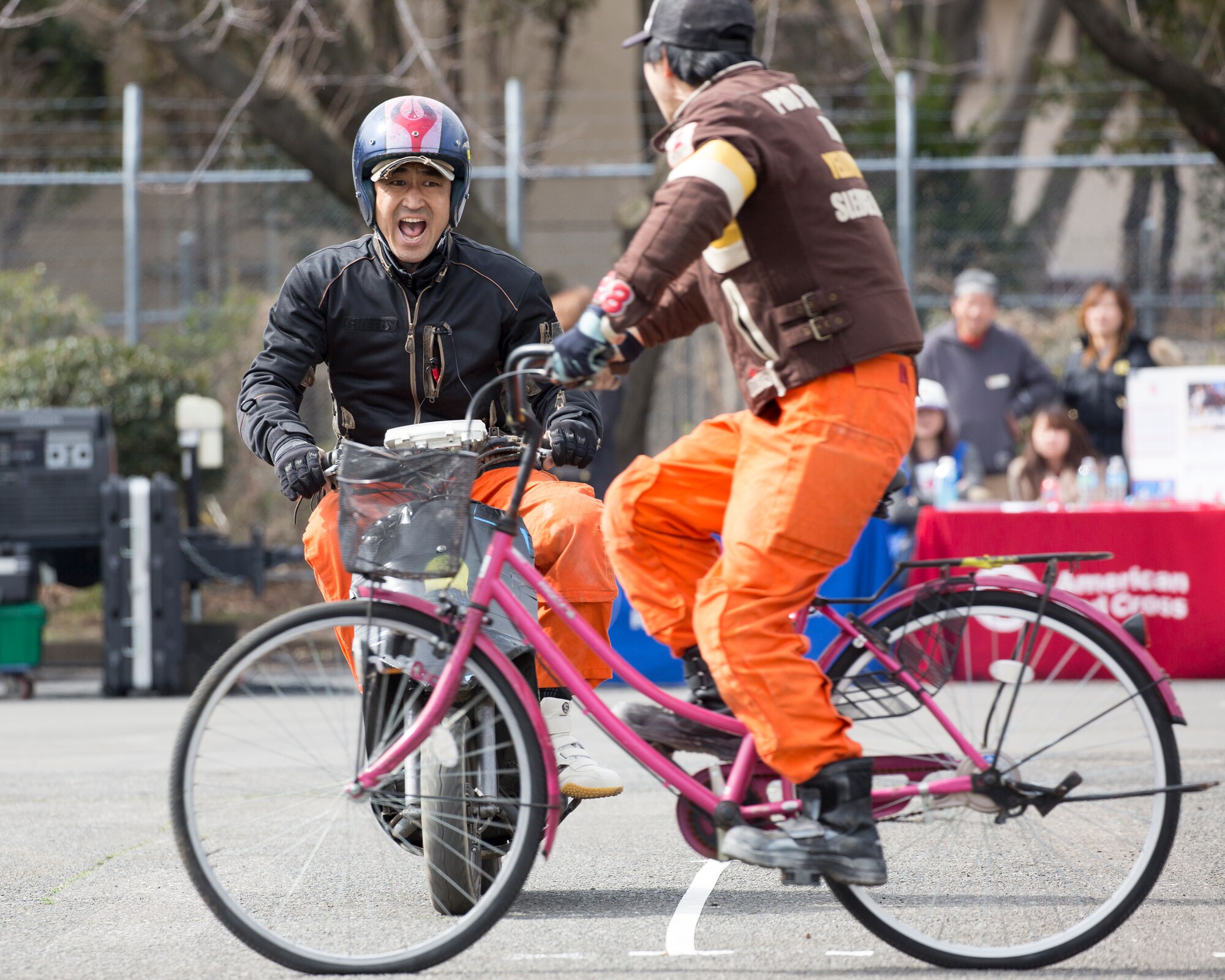 Members from the stunt project team “Super Drivers” perform a traffic safety demonstration during the safety festival at Yokota Air Base, Japan, March 6, 2015. The Fussa police station sponsored a traffic safety demonstration for Yokota residents during the festival. The event demonstrated hairy moments in car accidents. (U.S. Air Force photo by Osakabe Yasuo/Released) 