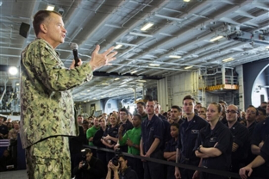 U.S. Navy Adm. James A. Winnefeld Jr., vice chairman of the Joint Chiefs of Staff, thanks sailors during a USO show aboard the aircraft carrier USS Carl Vinson in the Arabian Gulf, March 5, 2015. 