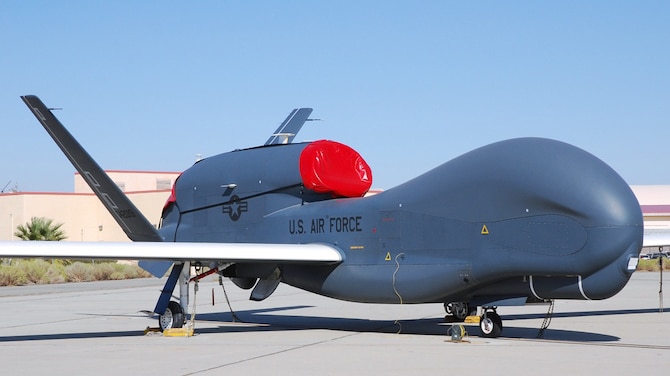 The brand new RQ-4 Global Hawk aircraft 2019 sits on the flightline at Edwards Air Force Base, Calif. A2019 was the first block 20 and first RQ-4B model to arrive in the area of responsibility here on Oct. 16, 2010 and is the first Global Hawk to reach the 10,000 hour flying milestone. (Courtesy photo)