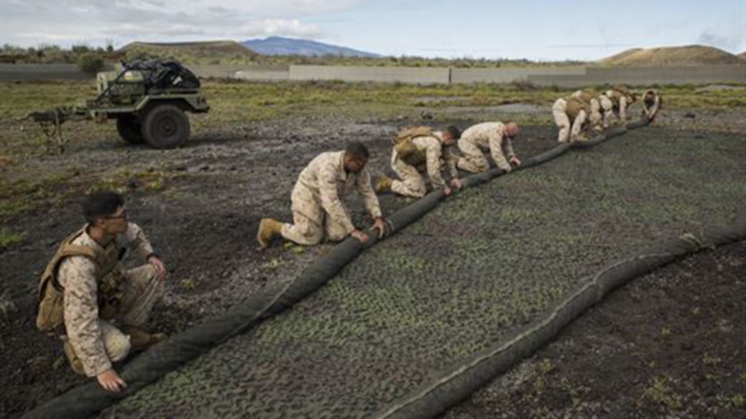Marines work together to roll up camouflage netting, which is one of the final steps of moving a forward command element, March 5 during Dragon Fire Exercise 15-2 at Pohakuloa Training Area, Kona, Hawaii. The forward command element provides constant communication and command capabilities for the command element of an artillery unit. Marines are with Headquarters Battery, 12th Marine Regiment, 3rd Marine Division, III Marine Expeditionary Force.
