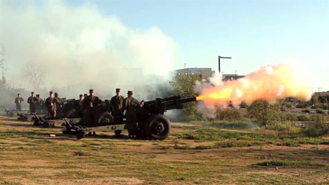 Marines with 5th Battalion, 11th Marine Regiment, 1st Marine Division, I Marine Expeditionary Force, fire a 21-gun salute in honor of fallen Marines during the Sunset Memorial for the 70th Anniversary of the Battle of Iwo Jima at Marine Corps Base Camp Pendleton, Calif., March 7. The evening included a banquet, a performance by the 1st MARDIV Band, and a video message for veterans from Commandant of the Marine Corps General Joseph Dunford. “Your legacy is the young men and women who use your example of courage and commitment to inspire them to confront and overcome the challenges that they face today… I pledge that today’s Marines will keep the spirit of Iwo Jima alive,” said Dunford.