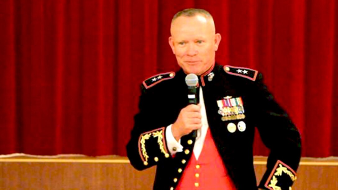 Major General Lawrence D. Nicholson, commanding general of 1st Marine Division, I Marine Expeditionary Force, thanks the veterans of the Battle of Iwo Jima for their service during the Iwo Jima Commemorative Banquet for the 70th Anniversary of the Battle of Iwo Jima at Marine Corps Base Camp Pendleton, Calif., March 7. The evening included a sunset memorial, 21-gun salute, banquet and a video message for veterans from Commandant of the Marine Corps General Joseph Dunford. “Your legacy is the young men and women who use your example of courage and commitment to inspire them to confront and overcome the challenges that they face today… I pledge that today’s Marines will keep the spirit of Iwo Jima alive,” said Dunford.