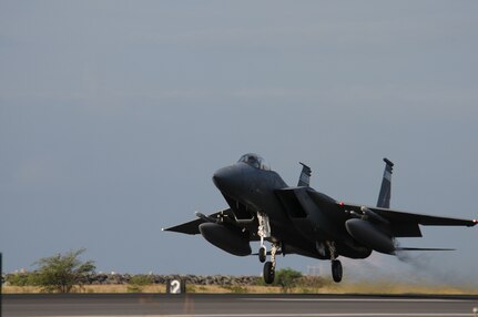 JOINT BASE PEARL HARBOR-HICKAM, Hawaii (Mar. 7, 2015) - A F-15 Eagle takes off from the runway.  The F-15 Eagles, from Oregon and Florida, will be participating in Sentry Aloha exercises conducted by the Hawaii Air National Guard.  