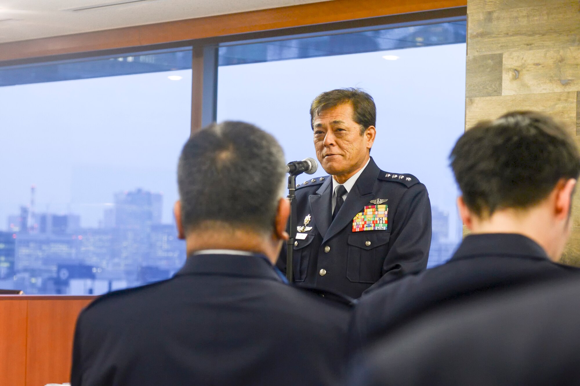 Japan Air Self-Defense Force General Harukazu Saito, Chief of Staff, JASDF, gives a speech following the annual senior enlisted advisor conference at the Ministry of Defense in Tokyo, Japan, March 3, 2015. Saito expressed his gratitude for Yokota members’ contribution to the seminar. (U.S. Air Force photo by Airman 1st Class David C. Danford/Released)