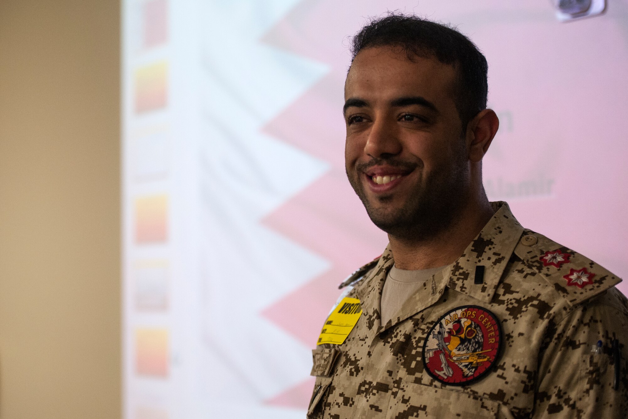 SAN ANGELO, Texas – Bahraini 1st Lt. Jasim Alamir, International Military Student Officer, teaches Lake View High School students about his home country March 9. Bahrain has a population of 1.2 million people. (U.S. Air Force photo/ Senior Airman Scott Jackson)