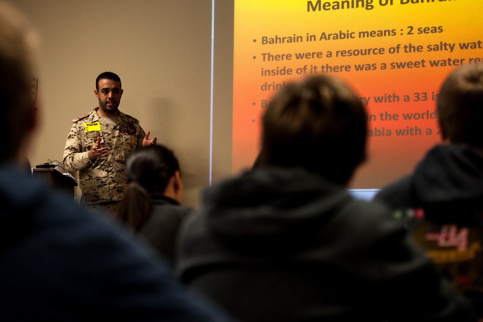SAN ANGELO, Texas – Bahraini 1st Lt. Jasim Alamir, International Military Student Officer, teaches Lake View High School students about his home country March 9. The students learned about the culture of Bahrain, finding similarities between it and America. (U.S. Air Force photo/ Senior Airman Scott Jackson)