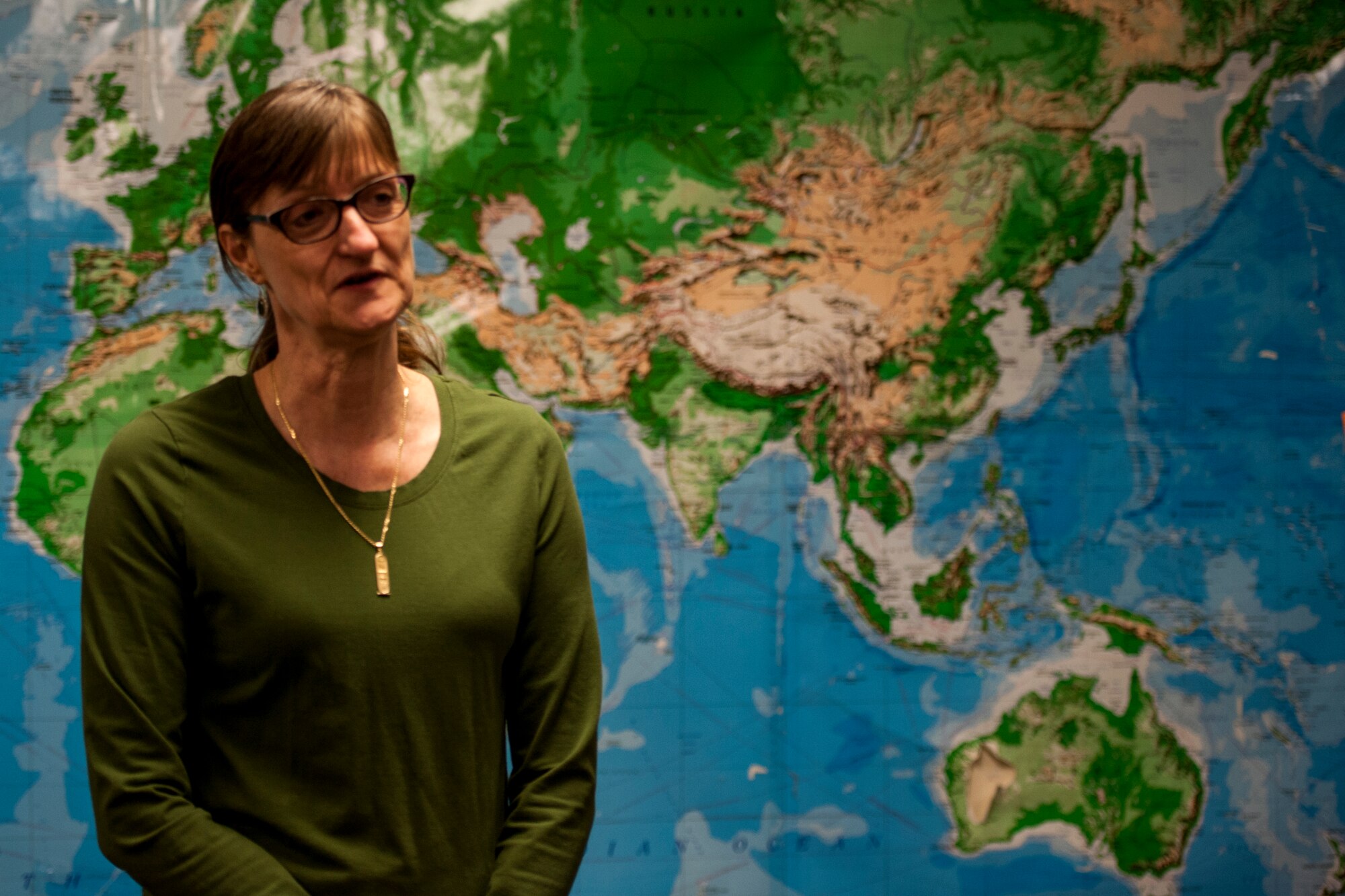 SAN ANGELO, Texas – Cynthia Willy, Lake View High School geography teacher, answers questions during an interview March 9. Willy said was excited to have the International Military Officer students teach her class, feeling it was a great learning experience. (U.S. Air Force photo/ Senior Airman Scott Jackson)