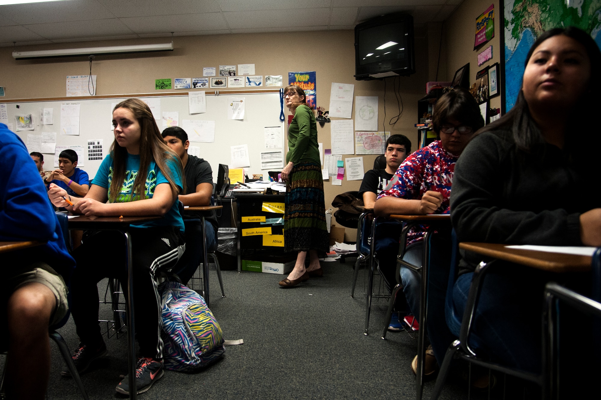 SAN ANGELO, Texas – Cynthia Willy, Lake View High School geography teacher, watches as an International Military Student Officer teaches the class about his culture March 9. Willy said she was excited to have the international military students teach her class, feeling it was a great learning experience. (U.S. Air Force photo/ Senior Airman Scott Jackson)