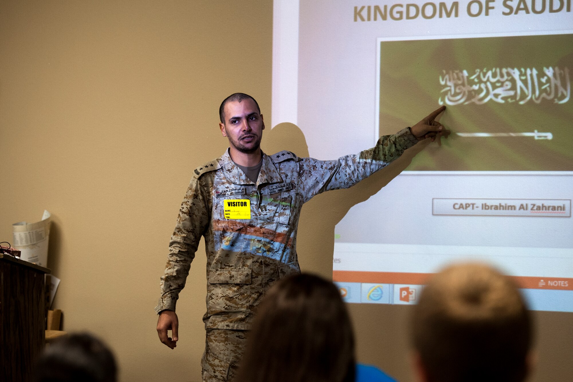 SAN ANGELO, Texas – Saudi Arabian Capt. Ibarhim Alzahrani, International Military Student Officer, teaches Lake View High School students about his home country March 9. The students learned about the culture of Saudi Arabia, ranging from traditions to cuisines. (U.S. Air Force photo/ Senior Airman Scott Jackson)