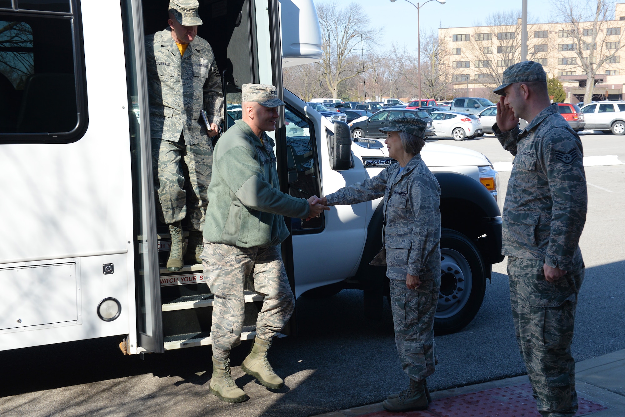 Lt. Gen. Carlton D. Everhart II, 18th Air Force commander, is greeted by 375th Air Mobility Wing Chapel staff at Scott Air Force Base, Illinois, March 6, 2015. Everhart learned more about the mission that the chapel accomplishes through religious services, confidential counseling and meditation offerings. (U.S. Air Force photo by Airman 1st Class Erica Crossen)