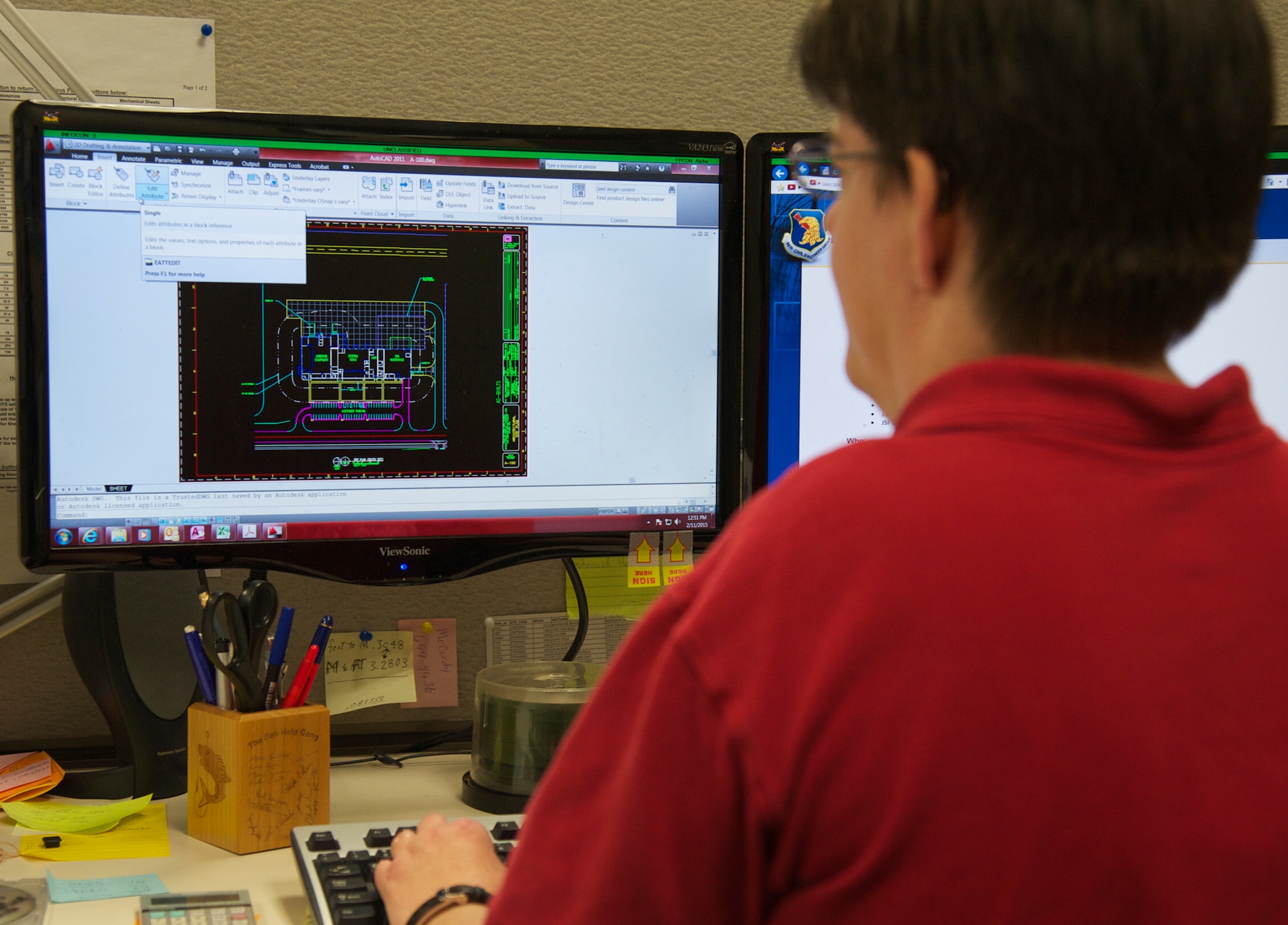 Glenda Sweet, a drafting specialist with the 96th Civil Engineer Group’s Engineering Division, utilizes AutoCAD software to produce an engineering drawing at Eglin Air Force Base, Fla. The drafting division works with project engineers and inspectors to create the drawings needed for construction projects across base. Upon completion, all drawings are stored in a hardcopy vault that currently holds more than 70,000 drawings. (U.S. Air Force photo/Ilka Cole)  