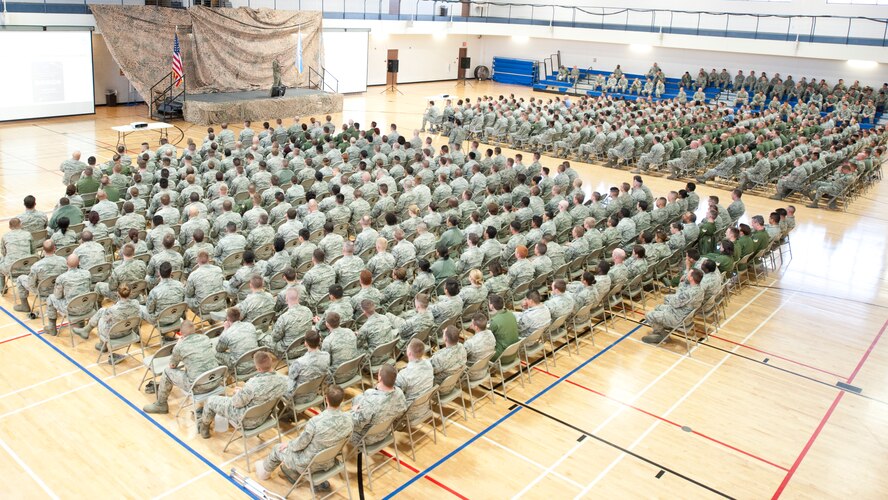 Marine Corps Sgt. Maj. Bryan B. Battaglia, Senior Enlisted Advisor to the Chairman of the Joint Chiefs of Staff, speaks to Holloman Airmen during an all-call at Domenici Fitness Center, Holloman Air Force Base, N.M. March 6. During the all-call, Battaglia spoke about the importance of leadership, mentorship and resilience training. Battaglia visited with Airmen and received Holloman mission briefings prior to speaking at the 2015 Chief Master Sgt. Induction ceremony. (U.S. Air Force photo by Airman 1st Class Emily A. Kenney/Released)