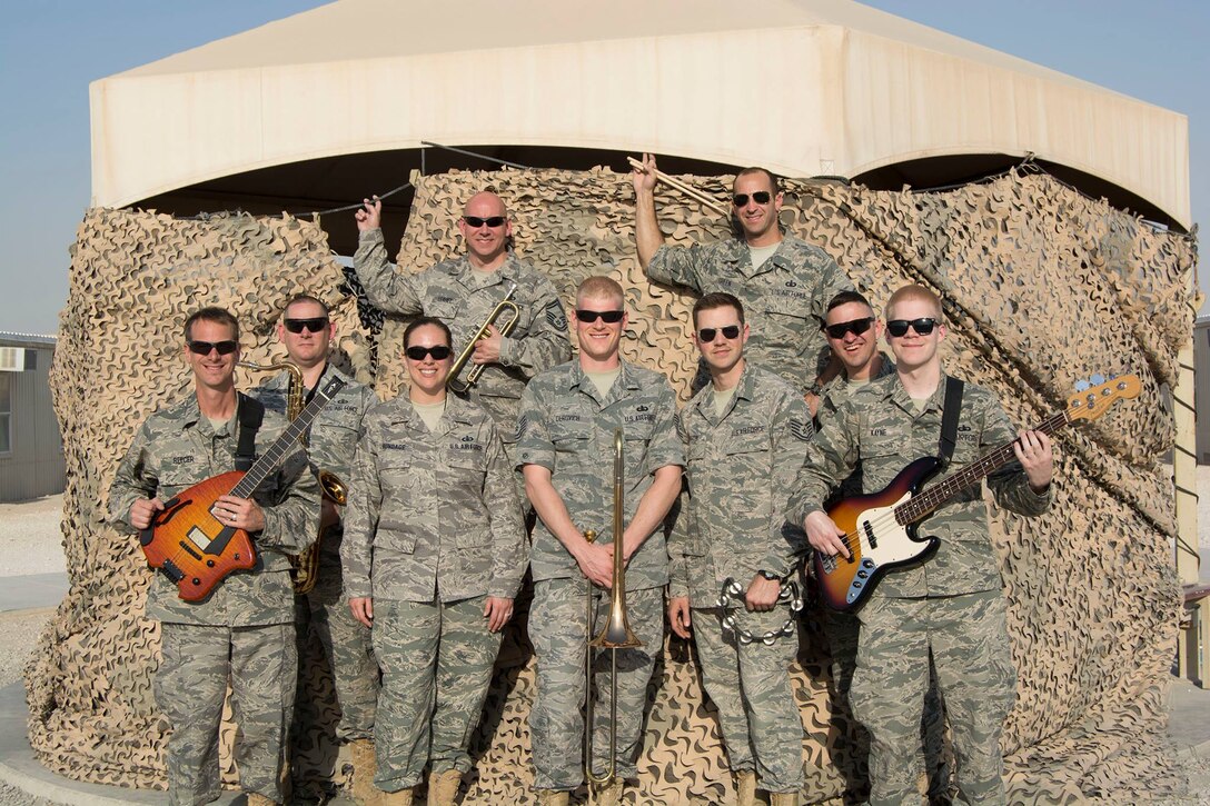 The U.S. Air Force Band's deployment group, Nighthawk, presented their first performance of their deployment at Al UIdeid Airbase, Qatar. (U.S. Air Force photo/released)
