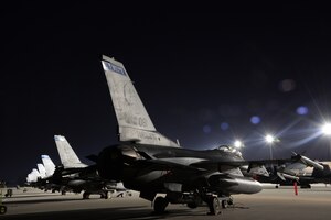 Block 50, F-16's, 148th Fighter Wing, Duluth, Minn. stand ready for the next mission during a Sentry Savannah 15-1 training exercise, Feb 11, 2015, Savannah, Ga.  Sentry Savannah 15-1 provides traditional Airmen wartime readiness training in an unfamiliar environment in an economical, accelerated timeframe.  (U.S. Air National Guard photo by Master Sgt. Ralph Kapustka/Released)