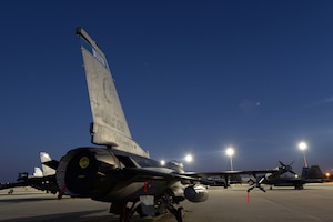 Block 50, F-16's, 148th Fighter Wing, Duluth, Minn. stand ready for the next mission during a Sentry Savannah 15-1 training exercise, Feb 11, 2015, Savannah, Ga.  Sentry Savannah 15-1 provides traditional Airmen wartime readiness training in an unfamiliar environment in an economical, accelerated timeframe.  (U.S. Air National Guard photo by Master Sgt. Ralph Kapustka/Released)