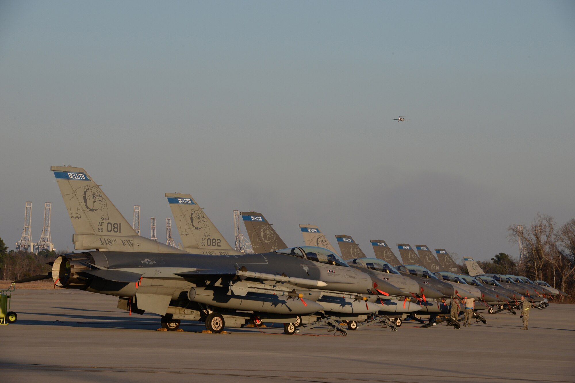 Block 50, F-16's, 148th Fighter Wing, Duluth, Minn. stand ready for the next mission during a Sentry Savannah 15-1 training exercise, Feb 11, 2015, Savannah, Ga.  Sentry Savannah 15-1 provides traditional Airmen wartime readiness training in an unfamiliar environment in an economical, accelerated timeframe.  (U.S. Air National Guard photo by Master Sgt. Ralph Kapustka/Released)
