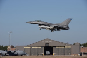 A Block 50, F-16, 148th Fighter Wing, Duluth, Minn. comes in for a landing during a Sentry Savannah 15-1 training exercise, Feb 11, 2015, Savannah, Ga.  Sentry Savannah 15-1 provides traditional Airmen wartime readiness training in an unfamiliar environment in an economical, accelerated timeframe.  (U.S. Air National Guard photo by Master Sgt. Ralph Kapustka/Released)