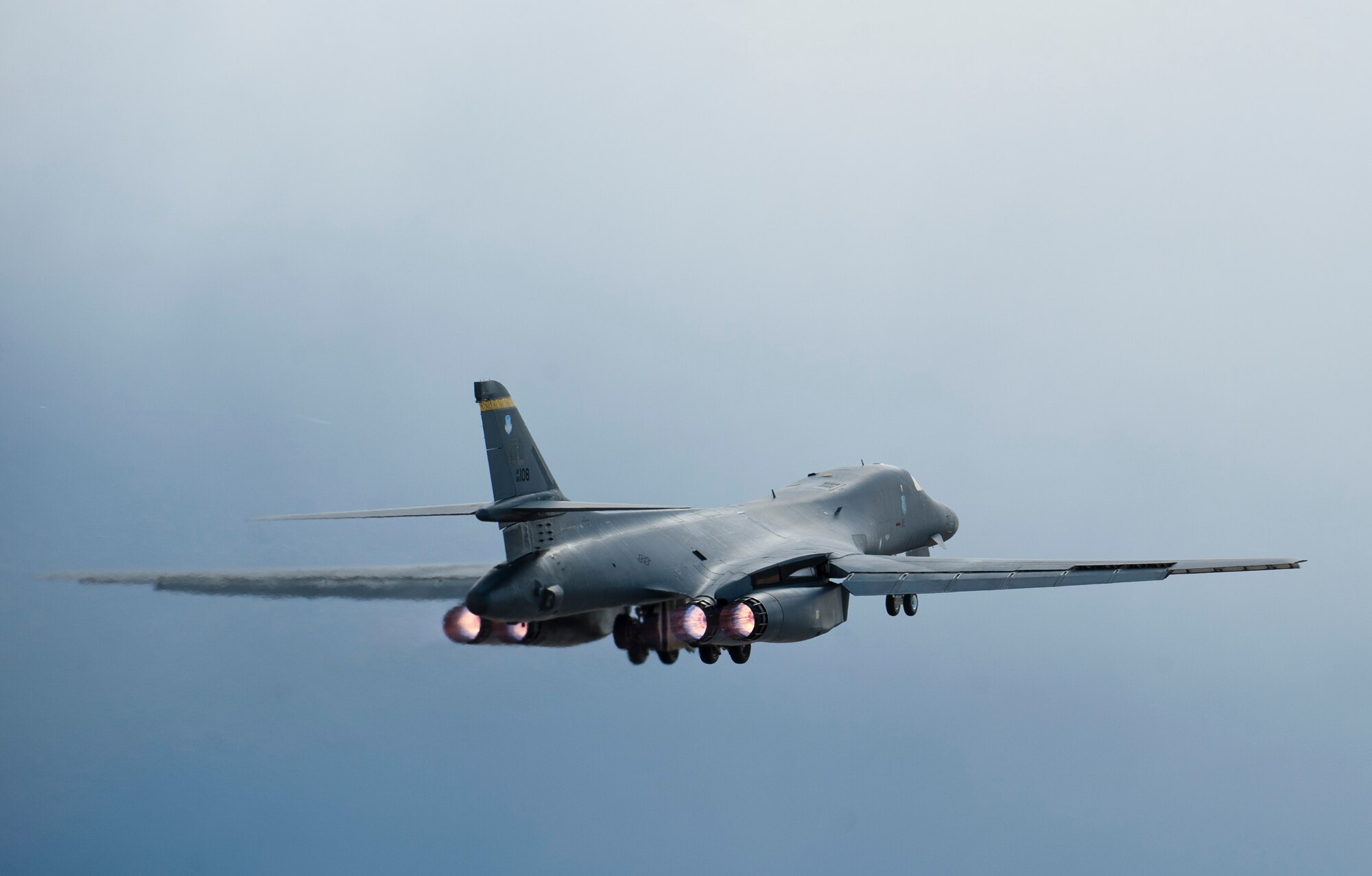 A B-1B Lancer assigned to the 37th Bomb Squadron, Ellsworth Air Force Base, S.D., takes off during Red Flag 15-2 from Nellis AFB, Nev., March 3, 2015. The U.S. Air Force’s premier exercise provides aircrews and ground crews the opportunity to experience realistic, stressful combat situations in a controlled environment to increase their combat readiness and effectiveness. (U.S. Air Force photo by Senior Airman Thomas Spangler)