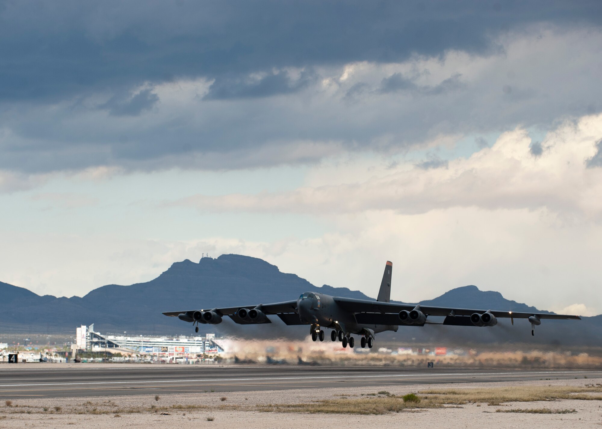 A B-52H Stratofortress assigned to the 23rd Bomb Squadron, Minot Air Force Base, N.D., takes off during Red Flag 15-2 from Nellis AFB, Nev., March 3, 2015. Red Flag is a realistic combat training exercise involving the air forces of the U.S. and its allies. (U.S. Air Force photo by Senior Airman Thomas Spangler)