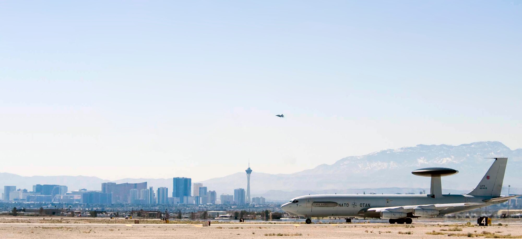 A NATO AWACS from NATO Air Base Geilenkirchen, Germany, waits for take off during Red Flag 15-2 at Nellis Air Force Base, Nev., March 5, 2015. All four branches of the U.S. military and air forces from allied nations participate in Red Flag exercises held three to four times each year. (U.S. Air Force photo by Airman 1st Class Rachel Loftis)