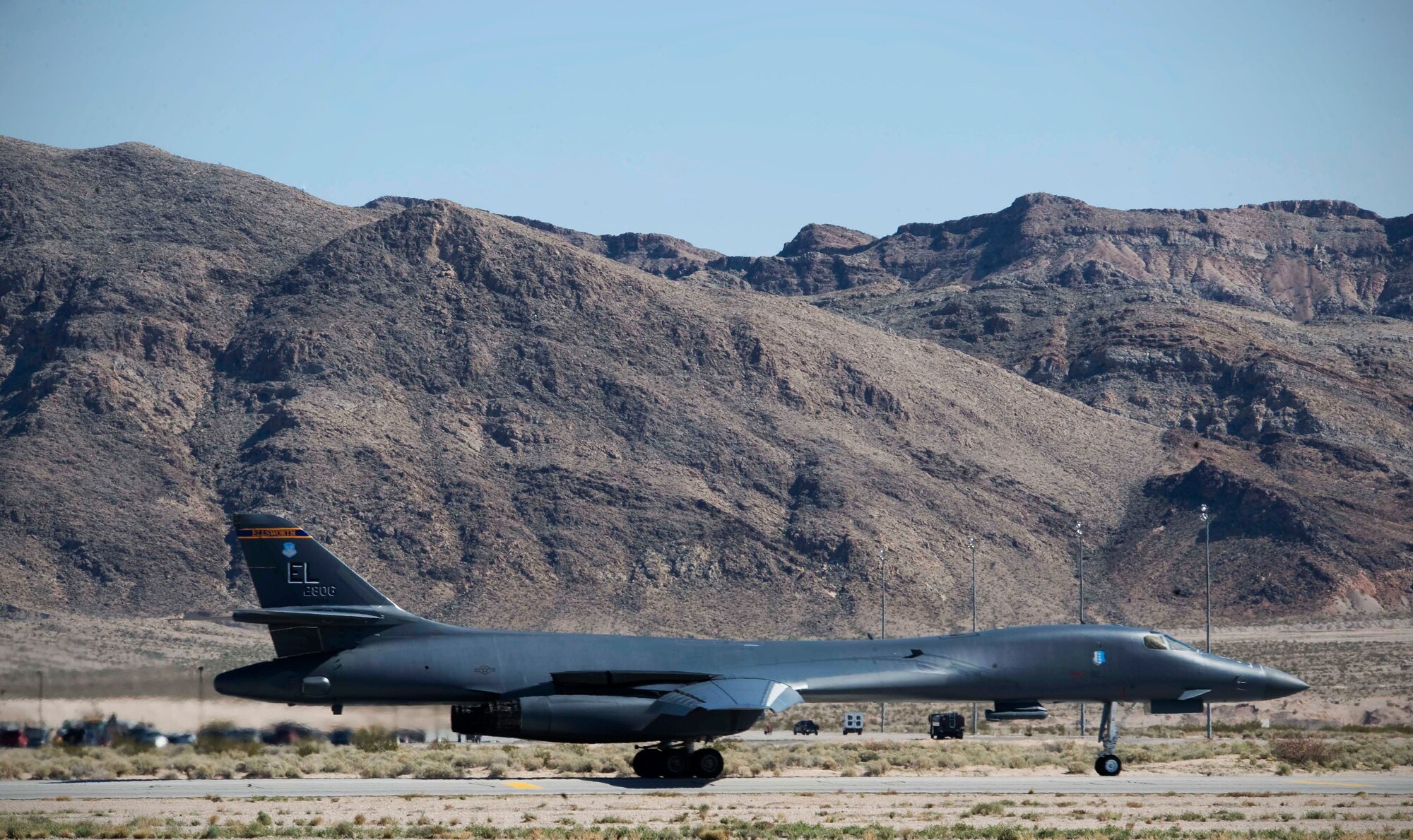 A B-1B Lancer assigned to the 37th Bomb Squadron, Ellsworth Air Force Base, S.D., takes off during Red Flag 15-2 at Nellis AFB, Nev., March 5, 2015. This mock battle in the skies over the Nevada Test and Training Range has yielded results that will increase the combat capability of our armed forces for any future combat situation. (U.S. Air Force photo by Airman 1st Class Rachel Loftis)