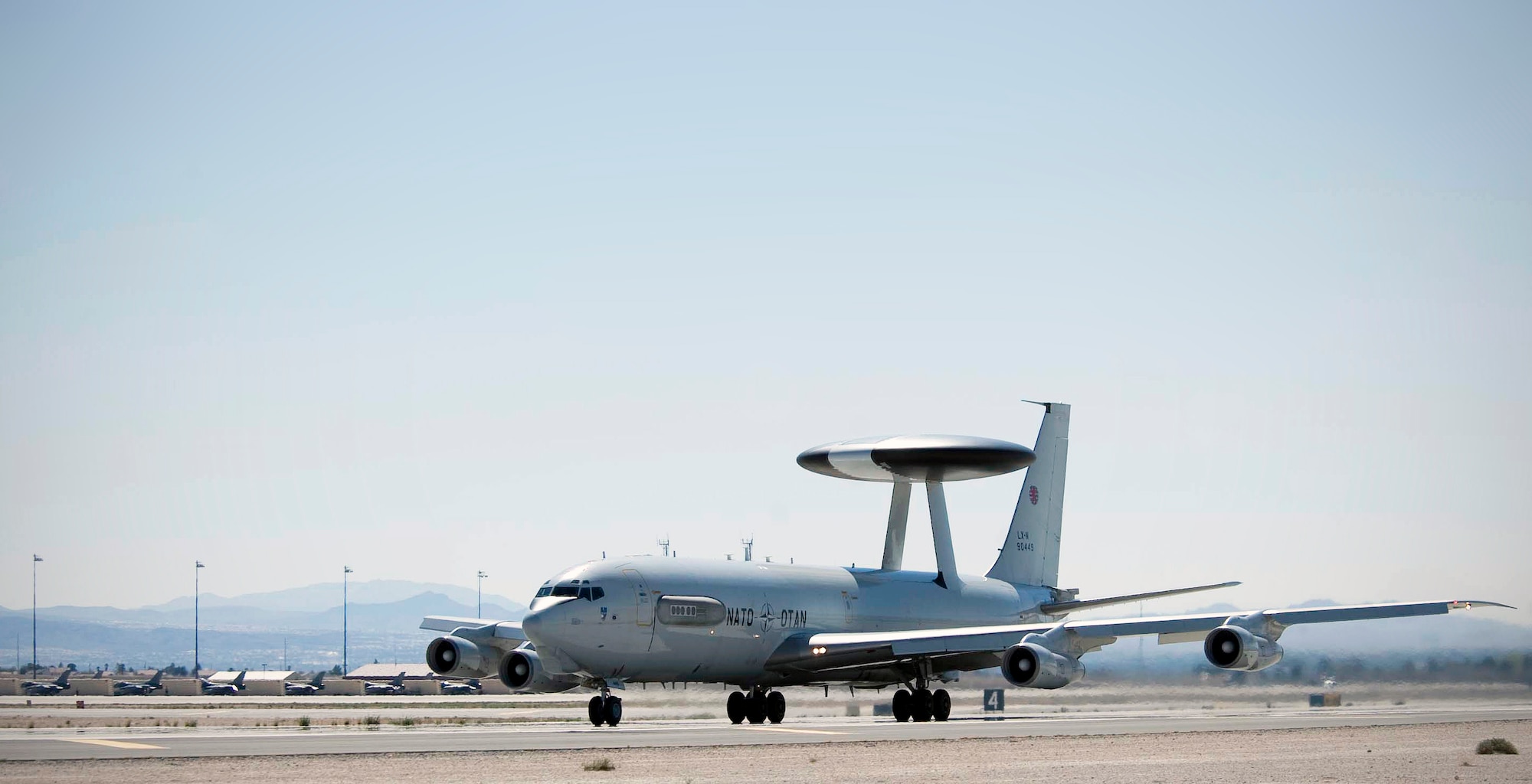 A NATO AWACS from NATO Air Base Geilenkirchen, Germany, taxis for take-off during Red Flag 15-2 at Nellis Air Force Base, Nev., March 5, 2015. Red Flag is a realistic combat training exercise involving the U.S. and its allies. (U.S. Air Force photo by Airman 1st Class Rachel Loftis)
