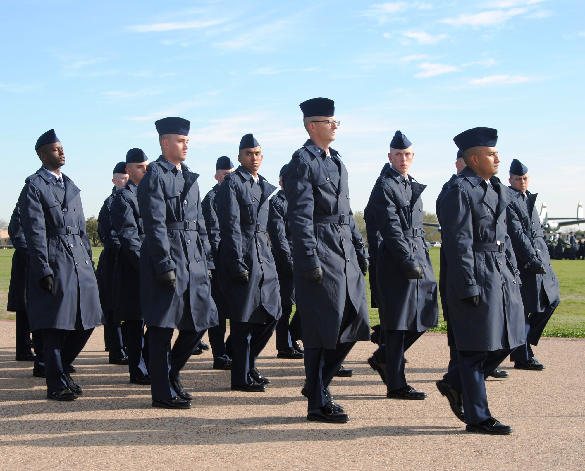 Airmen from Flight 131, 323rd Basic Military Training Squadron, march down the parade route during graduation ceremonies at Joint Base San Antonio-Lackland, Texas, March 6. (Photo by Jim Fisher)
