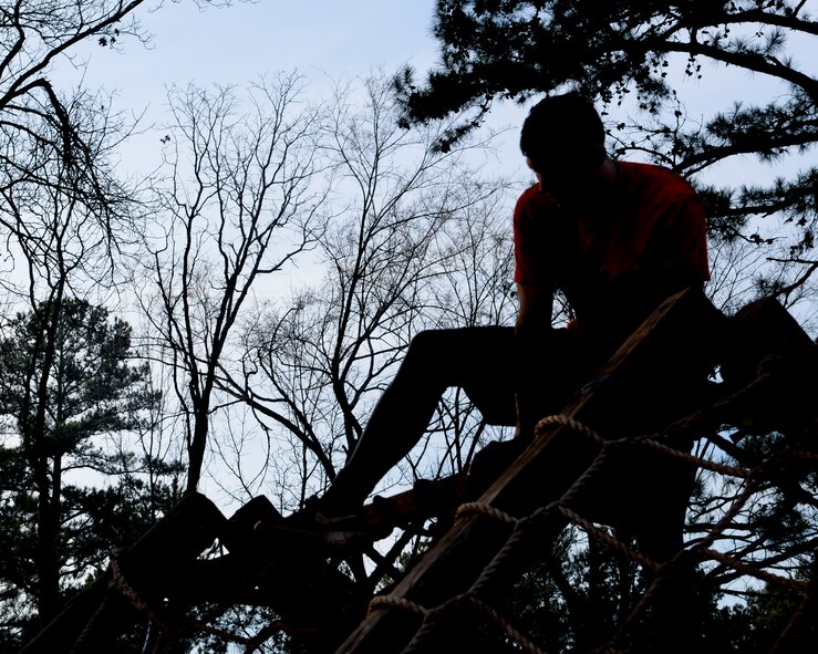 A runner climbs over the final A-frame obstacle of the Defenders of Liberty Mud Run on Barksdale Air Force Base, La., March 7, 2015. The run consisted of four miles and more than 15 obstacles. (U.S. Air Force photo/Senior Airman Benjamin Raughton)