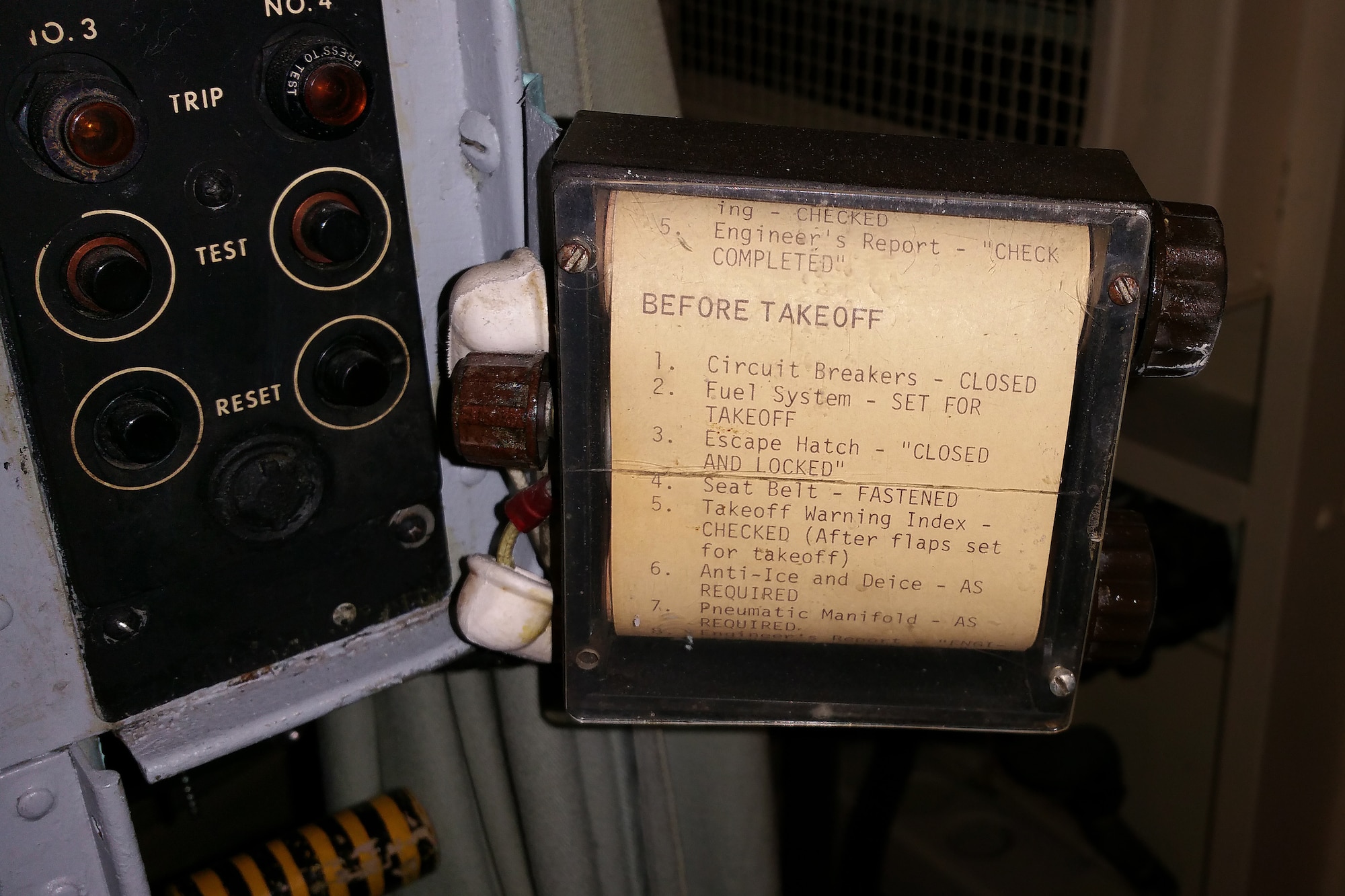 DAYTON, Ohio -- Douglas C-133A Cargomaster flight engineer's position in the Cold War Gallery at the National Museum of the United States Air Force. (U.S. Air Force photo by Ken LaRock)