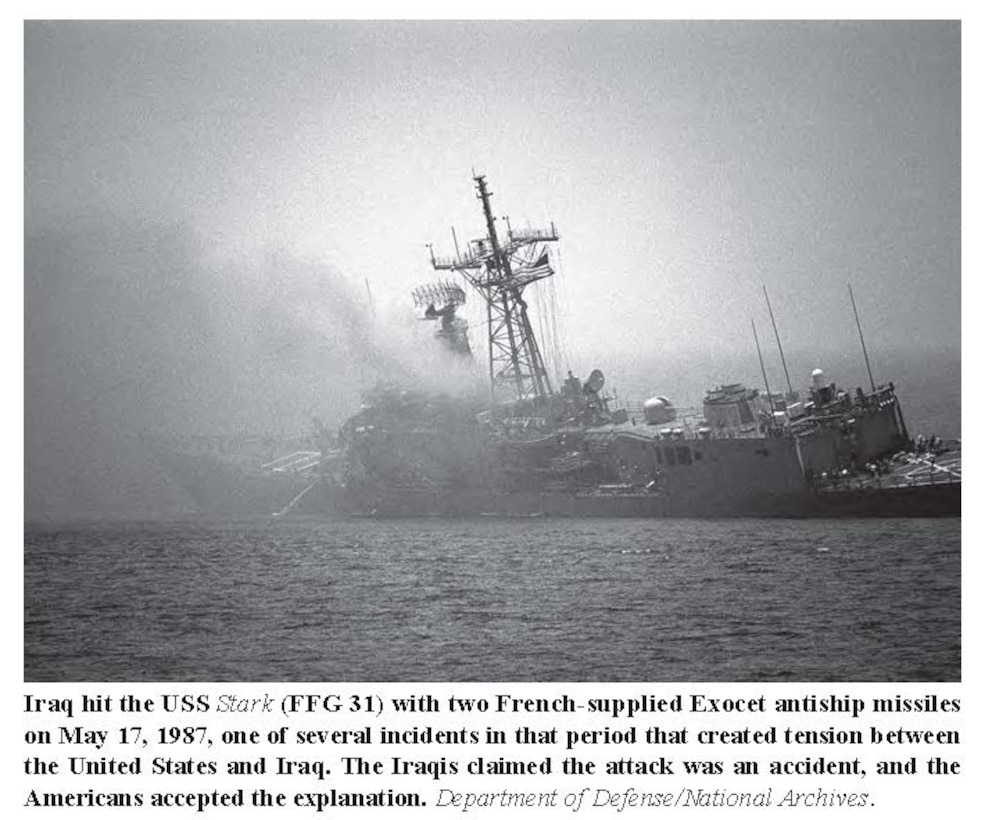 Iraq hits USS Stark with missiles, 1987