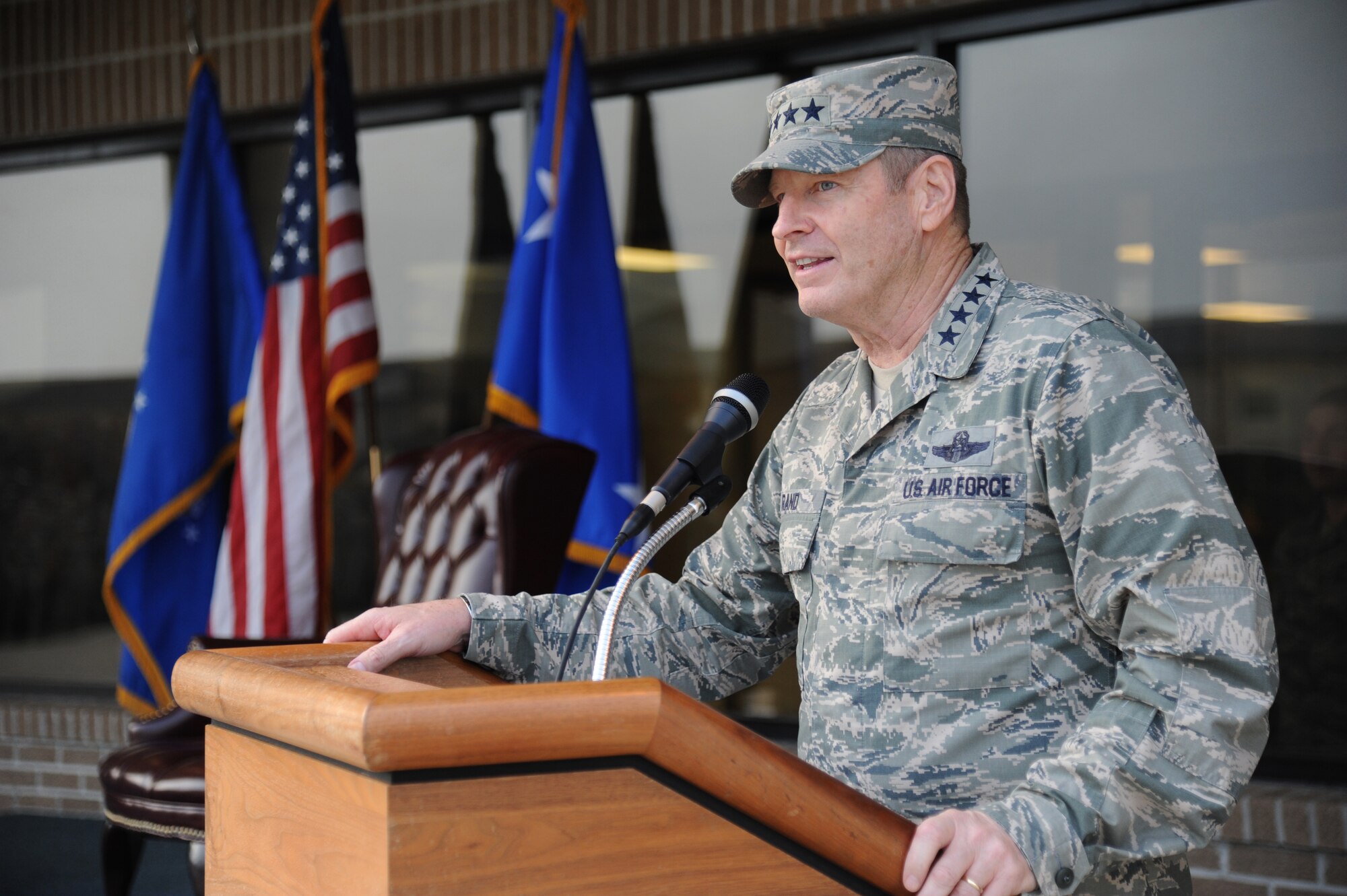 General Robin Rand, Air Education and Training Command commander, delivers remarks to Airmen in the 81st Training Group during the AETC Senior Leader Conference Mar. 4, 2015, at the Levitow Training Support Facility Drill Pad, Keesler Air Force Base, Miss. Commanders and chief master sergeants from across AETC attended the conference which gave senior leaders an opportunity to collaborate and share ideas as they shape the future of the command.  (U.S. Air Force photo by Kemberly Groue)