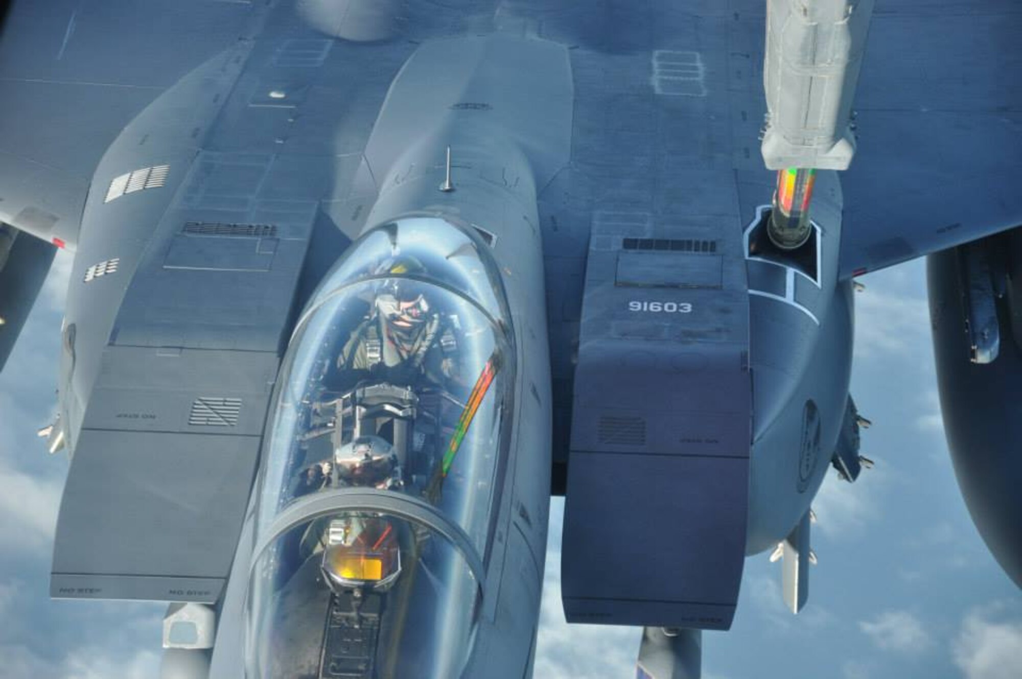 A U.S. Air Force F-15 Strike Eagle assigned to the 48th Fighter Wing refuels from a KC-10 Extender Feb. 20, 2015, over the North Sea during an aerial refueling mission with the 514th Air Mobility Wing. The training familiarized F-15E Strike Eagle pilots with KC-10 formations and capabilities in the refueling process compared to the KC-135 Stratotanker they usually train with. (U.S. Air Force photo/Tech. Sgt. Jonathan E. White/Released)