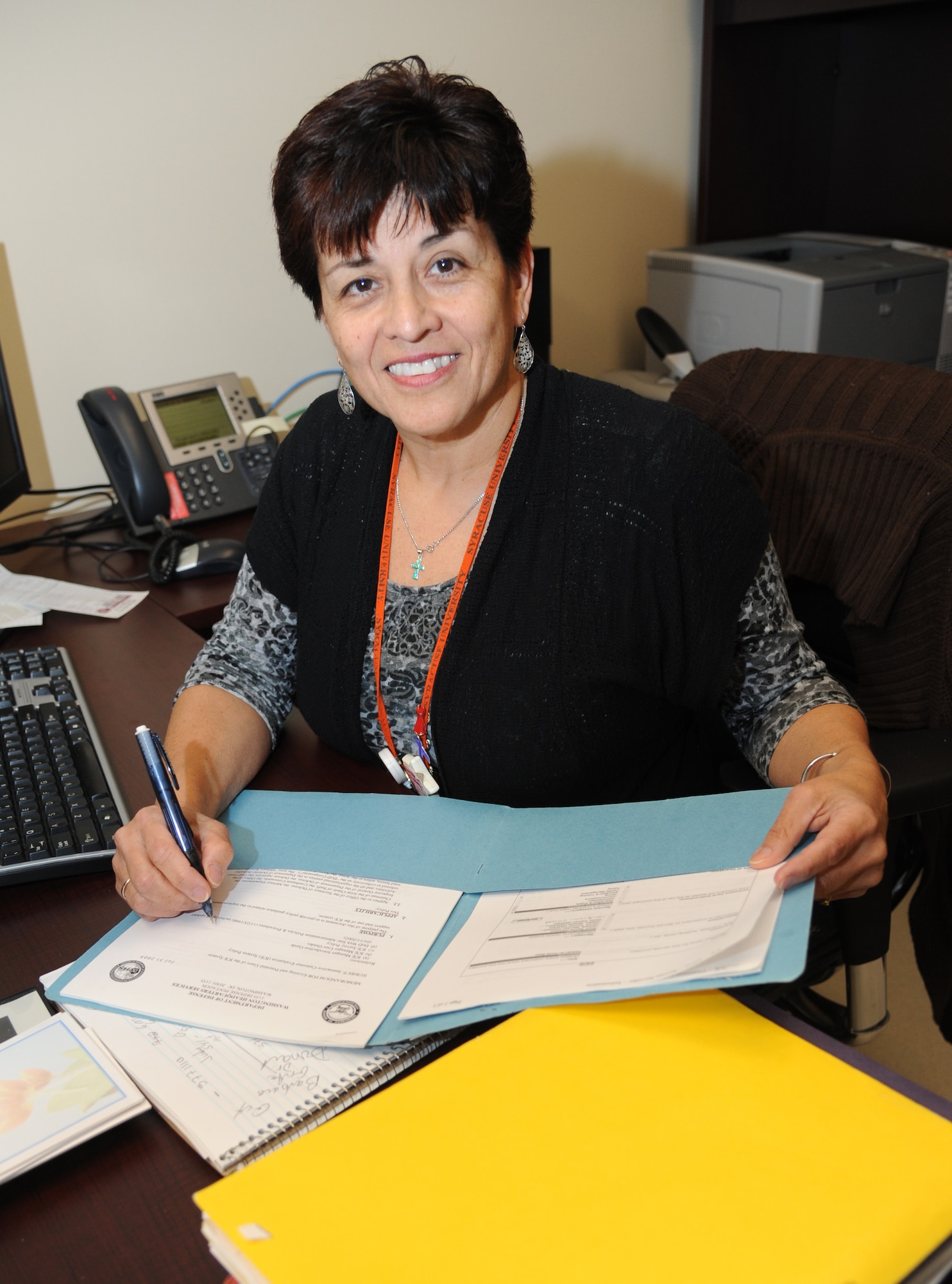 Martha Prieto-Moreno, 81st Medical Group patient advocate, reviews a patient’s recommendation for improvements March 9, 2015, at Keesler Medical Center, Keesler Air Force Base, Miss. Patients can provide feedback by using the Interactive Customer Evaluation web-based tool by logging on to http://www.keesler.af.mil/units/81stmedicalgroup.asp and click on the ICE icon at the bottom left-hand corner, or they can access http://ice.disa.mil and follow the prompts.  (U.S. Air Force photo by Kemberly Groue)