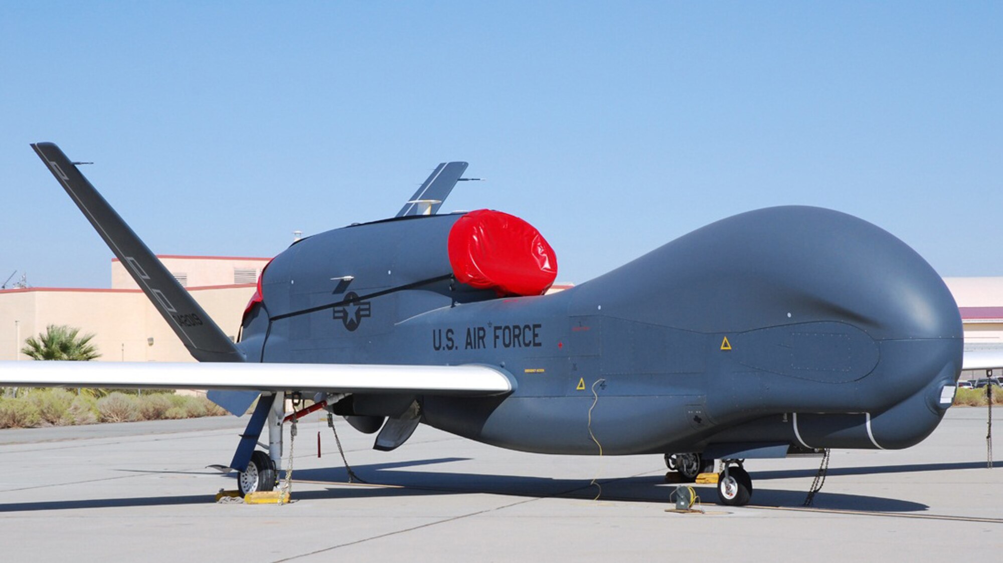The brand new RQ-4 Global Hawk aircraft 2019 sits on the flightline at Edwards Air Force Base, Calif. A2019 was the first block 20 and first RQ-4B model to arrive in the area of responsibility here on Oct. 16, 2010, and is the first Global Hawk to reach the 10,000 hour flying milestone. (Courtesy photo)
