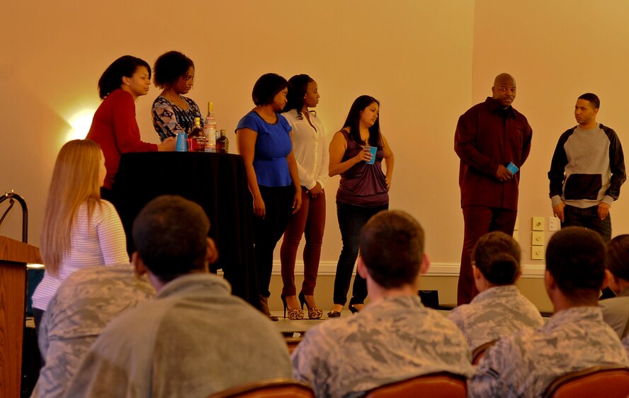 Actors from the new Sexual Assault Theater Group answer questions from the audience at Barksdale Air Force Base, La., March 5, 2015. The characters help promote discussions from Airmen on the different types of situations and how they can be avoided or handled. (U.S. Air Force photo/Staff Sgt. Jason McCasland)